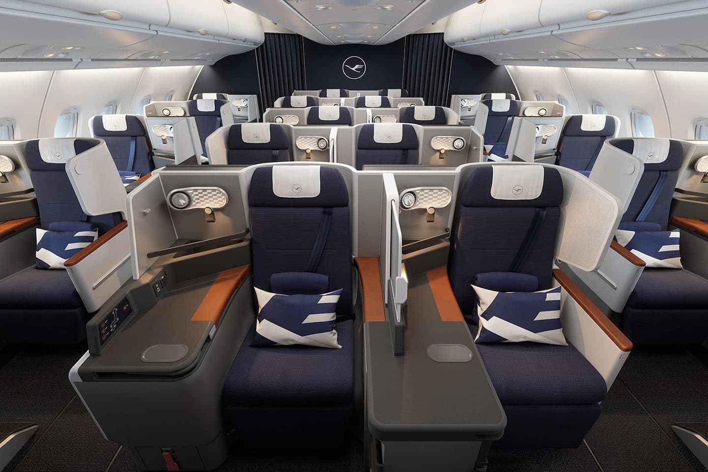 Lufthansa business class cabin, navy seats with cognac leather trim