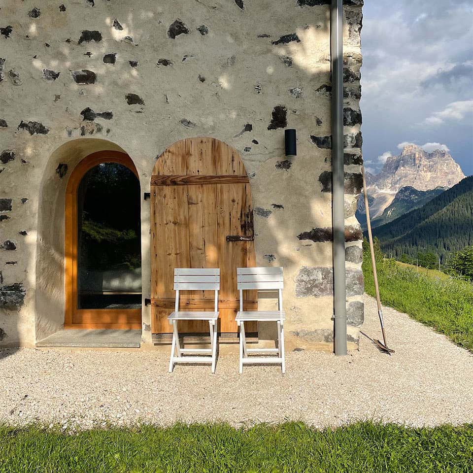 The terrace, with Dolomites peaks in the distance